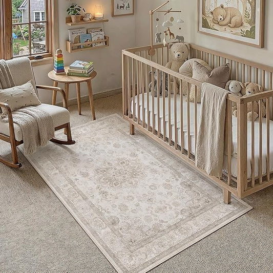 PureCozy Beige Area Rug 3x5 Washable Vintage Entryway Office Carpet Non Slip Soft Low Pile Distressed Medallion Door Mat Indoor Retro Accent Throw Rug for Bathroom Kitchen Bedroom Dining Room