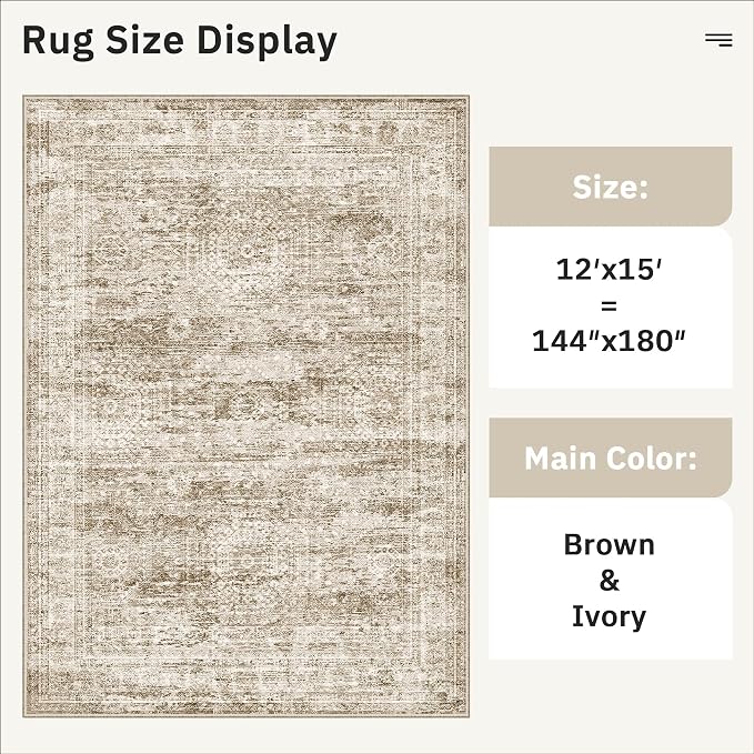 Soalmost 12x15 Washable Area Rug Brown Neutral Abstract Living Room Large Carpet Non Slip Bedroom Indoor Office Dining Room Low Pile Thin Rug