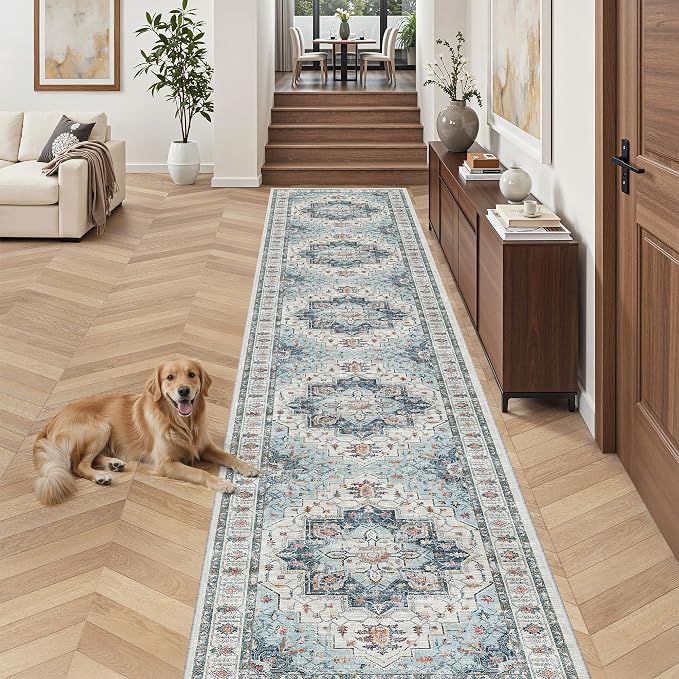 Madane Hallway Runner Rug 2'6''x14' Kitchen Runners Vintage, Blue | Long Non-Slip Washable Rugs 14ft for Laundry Room, Entryway and Bedroom, Soft Low Pile Stain-Resistant 2.5x14 Ft Floor Carpet