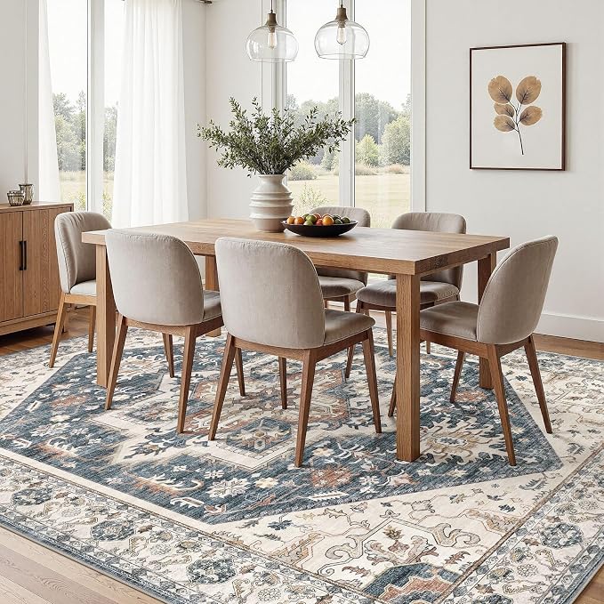 8x10 Area Rugs for Living Room - Large Carpet Ultra Thin Soft Washable Oriental Vintage Floral Distressed Rug Big Indoor Carpets for Bedroom Nursery Dorm Home Decor Aesthetic - Vintage Blue