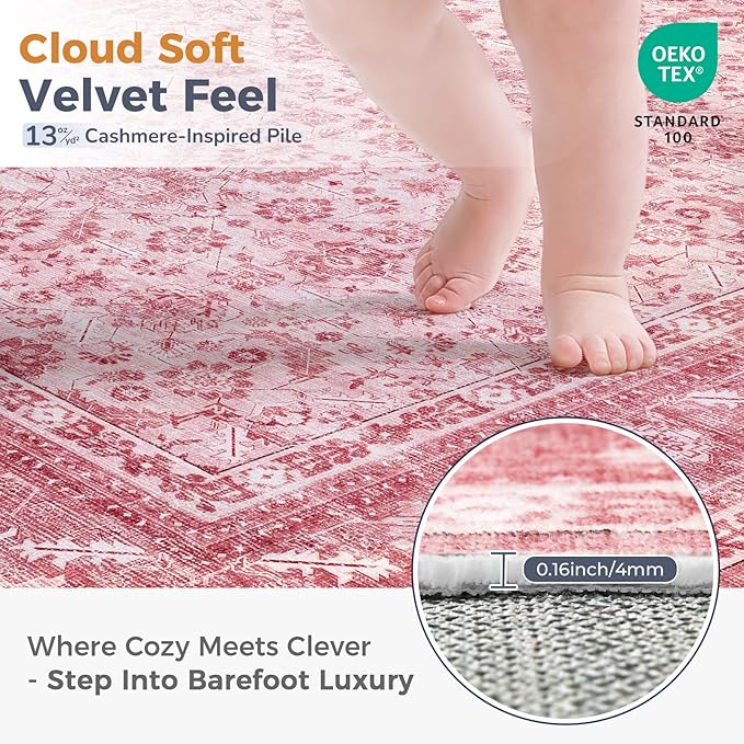 OPPODREAM Vintage Pink Area Rugs 8x10, 8 x 10 Retro Washable Rug Non Slip, Low-Pile Faux Wool Carpet, Distressed Floor Mat for Living Room, Bedroom, Office, Dorm, Dinning Room, Big & Large