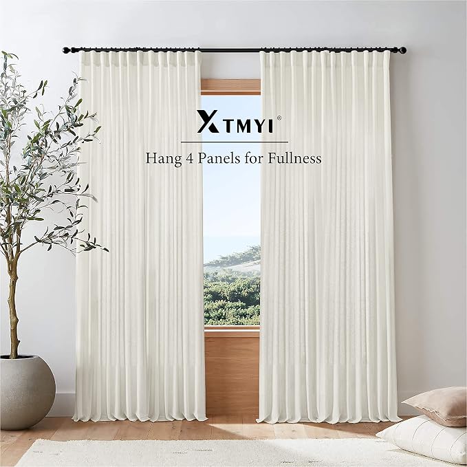 Extra Wide Curtains 70 In Width for 60 & 72 Inch Window,Pleated Back Tab Linen Semi Sheer Full Length Curtains for Living Room Sliding Glass Door 2 Panel Set,72x108,70x108,6FT x 108 Inches Long,Cream