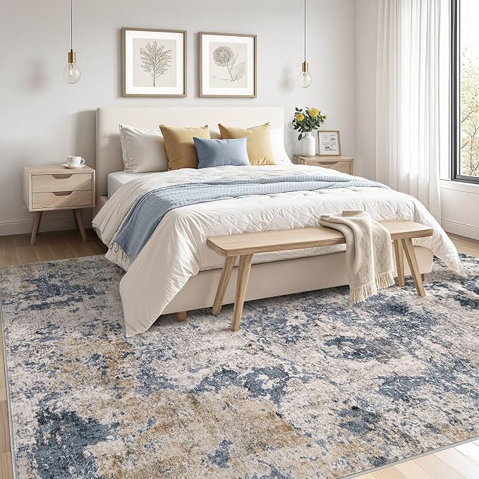 Area Rugs for Living Room: 12x15 Abstract Washable Rug Modern Neutral Large Soft Stain Resistant Non-Slip Backing Machine Table for Bedroom Dining Room Indoor Home Office Carpet - Blue Brown