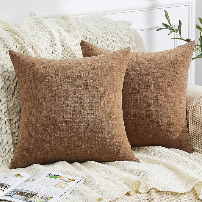 GAWAMAY Decorative Square Throw Pillow Covers 20"x20" Inch Set of 2, Super Soft Chenille Pillows Farmhouse Fall Pillowcase for Living Room Bedroom Sofa Couch Cushion Cover Brown 50x50cm (No Inserts)