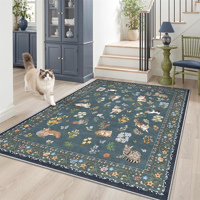 Soalmost Cat 4x6 Area Rugs, Machine Washable Animal Floral Accent Rug Non-Slip Low Pile Soft Throw Rugs for Entryway Kitchen Bedside Living Room Bedroom Nursery Playroom (4 x 6,Navy Blue)