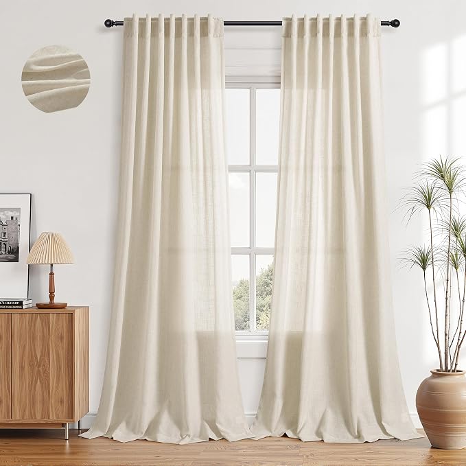 Aersas Birch Beige Linen Curtains 96 Inches Length for Living Room Flax Texture Wave Fabric Semi Sheer with Rod Pocket Back Tab for Bedroom Balcony Light Filtering Neutral Home Decor 52x96