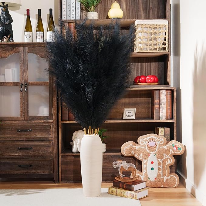 Premium Faux Black Pampas Grass – 55" 8pcs Tall Ultra-Fluffy 24-Branch One-Piece Stems No Assembly, Luxury Silk-Feel Feather Flowers for Modern Gothic Industrial Home Decor (Jet Black, 8 Stems)