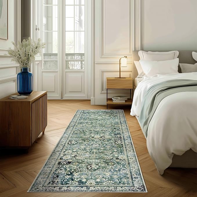 Green Washable Bathroom Hallway Runner Rug with Rubber Backing Non Slip Vintage Boho Floral Long Runners Rugs for Entryway Indoor Laundry Room Bath Floor Kitchen,2x6,24x72 Inch,Dark Emerald and Blue