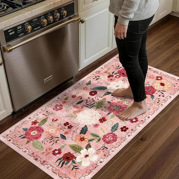 2x4 Washable Runner Rug Kitchen Hallway Area Rug Vintage Boho Floral Ultra Non-Slip Low Pile Soft Faux Wool Carpet Kids and Pets Friendly for Bathroom Bedroom Entryway Nursery Home Rug Dark Pink