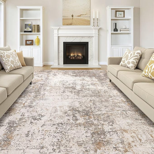 Area Rugs for Living Room: 7x9 Abstract Washable Rug Modern Neutral Large Soft Stain Resistant Non-Slip Backing Machine Table for Bedroom Dining Room Indoor Home Office Carpet - Brown Grey