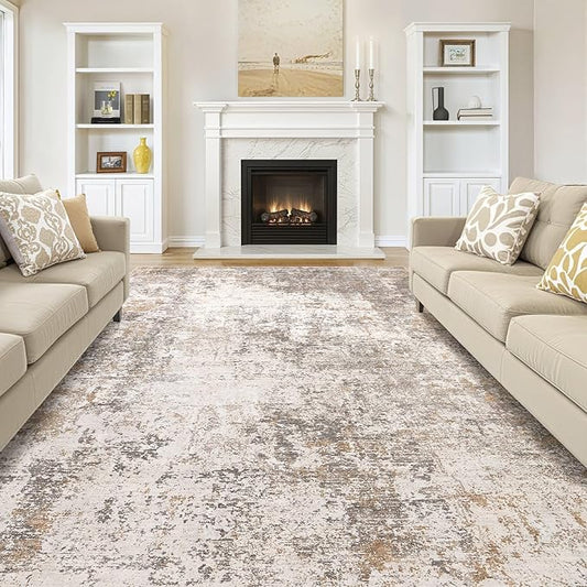 Area Rugs for Living Room: 10x12 Abstract Washable Rug Modern Neutral Large Soft Stain Resistant Non-Slip Backing Machine Table for Bedroom Dining Room Indoor Home Office Carpet - Brown Grey