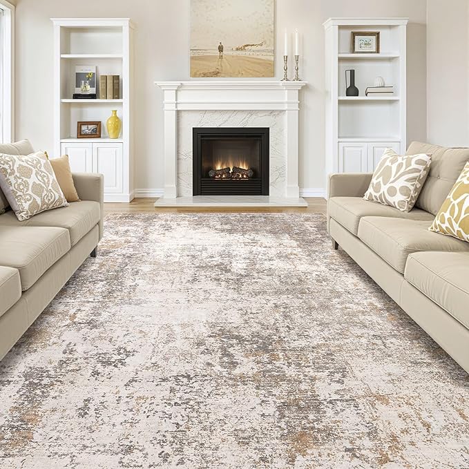 Area Rugs for Living Room: 10x14 Abstract Washable Rug Modern Neutral Large Soft Stain Resistant Non-Slip Backing Machine Table for Bedroom Dining Room Indoor Home Office Carpet - Brown Grey