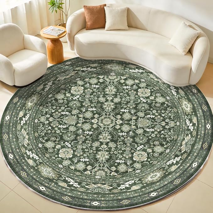 OPPODREAM Low-Pile Area Rugs, Faux Wool Carpet for Living Room, Kitchen, Office, Dorm, Bedroom, Vintage Washable Rug Non Slip, Dark Green, 8'