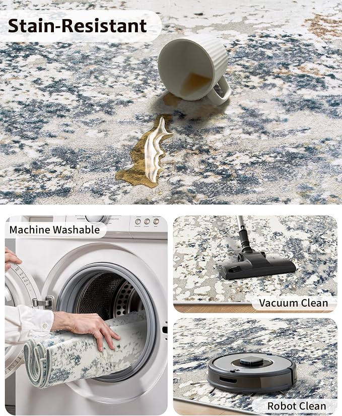 Art&Tuft Runner Rug 2'6"x10' - Anti-Slip Backing Abstract Hallway Rug, Stain Resistant Kitchen Runner, Foldable Machine Washable Runner Rug(2'6"x10', Blue)