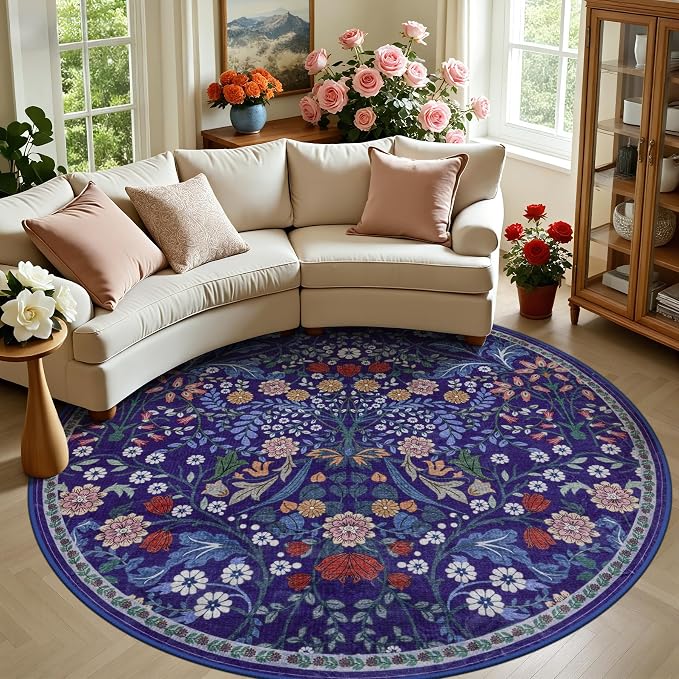 Round Area Rug for Living Room: 8 ft Floral Washable Circle Rug Soft Boho Non-Slip Carpet Indoor Floor Stain Resistant Low Pile Small Circular Rug for Bedroom Entryway Kitchen Nursery Blue