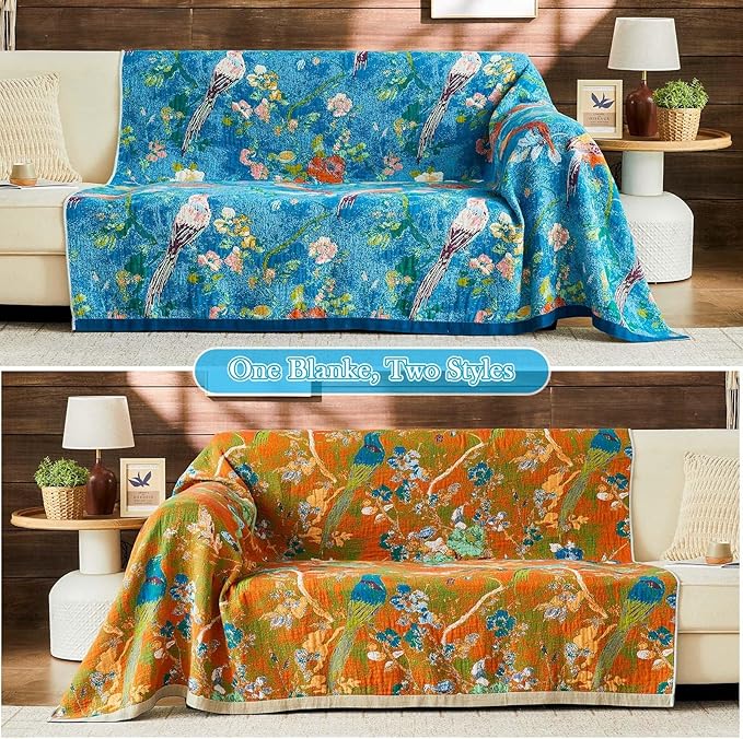 Boho Throw Blanket 100% Cotton Muslin Woven Blanket Bohemian Bed Throws Vintage Rustic Farmhouse Decor Reversible Bed Blanket Quilt for All Seasons（Blue 90"x98"）