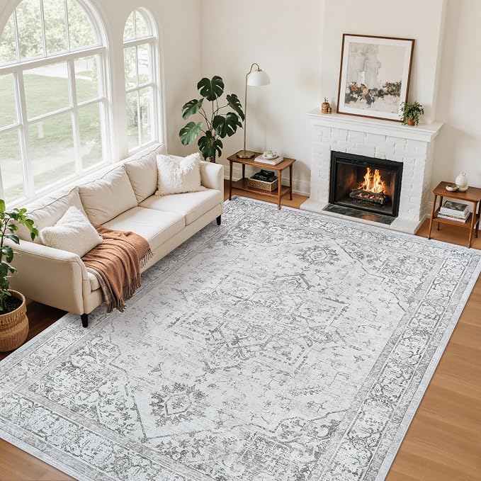5x7 Area Rugs for Bedroom:Gray Washable Vintage Medallion Rug Non-Slip Soft Low Pile Large Rugs Indoor Retro Carpet for Living Room Kitchen Nursery Dining Table Office (Gray, 5'x7')