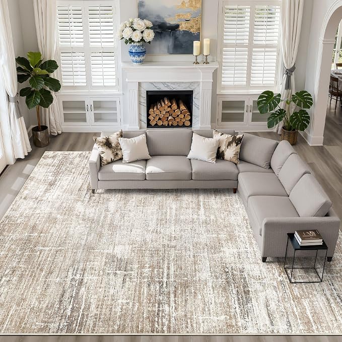 10x13 Area Rug Living Room: Washable Large Neutral Rug Abstract Soft Modern Stain Resistant Indoor Floor Non-Slip Carpet for Bedroom Nursery Kids Office Playroom Dining Room Under Table- Dark Brown