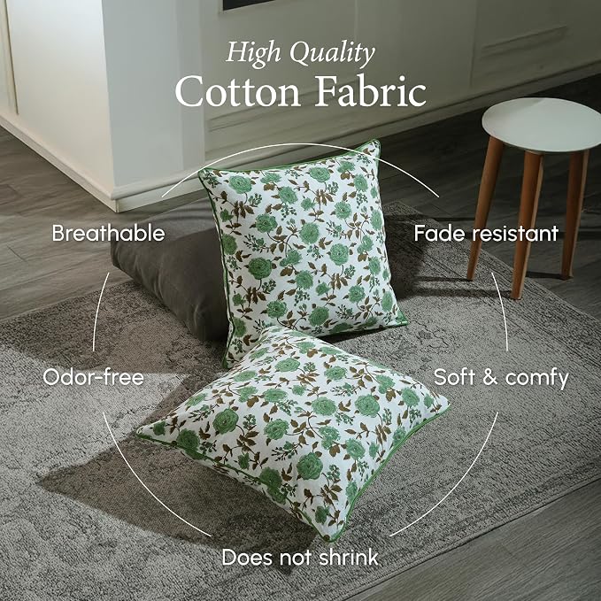CPC 100% Cotton Throw Pillow Covers 18x18 Inch, Set of 2 Green Block Print Pattern Couch Pillow, Cute Boho Decorative Pillows for Living Room, Bedroom with Hidden Zipper- Moss Green