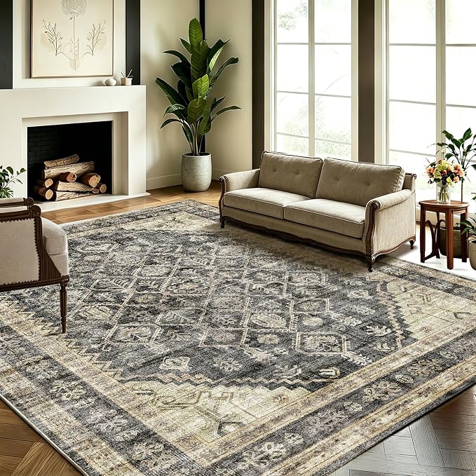 CHAMPLANT Washable Area Rug 4'x6' Vintage Traditional Floor Cover Foldable Thin Rugs Retro Kitchen Indoor Distressed Non Slip Carpet Floral Print Mat Bedroom Living Room
