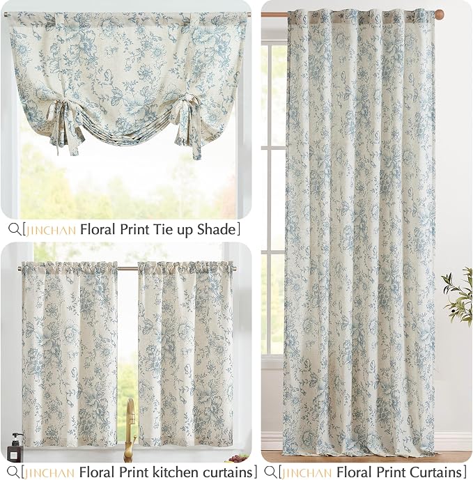 jinchan Floral Linen Tier Curtains Blue Flower on Beige Cafe Curtains 36 Inch Length Kitchen Living Room Bedroom Bathroom Farmhouse Rustic Country Rod Pocket 2 Panels