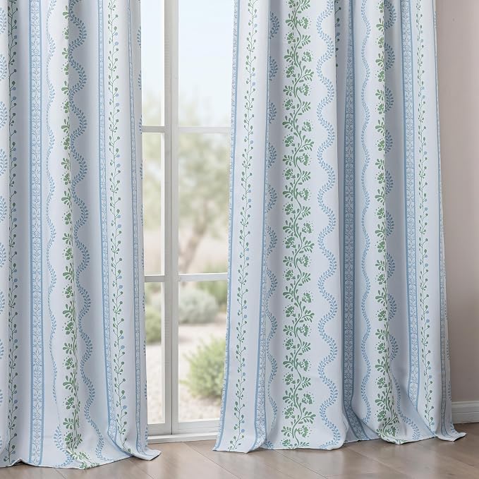 Light Blue and White Floral Blackout Curtains 63 Inch Length 2 Panel Set, Cottage Core Green Scalloped Thermal Insulated Drapes, Coastal Grandma Black Out Curtains for Living Room 63 Inch Long