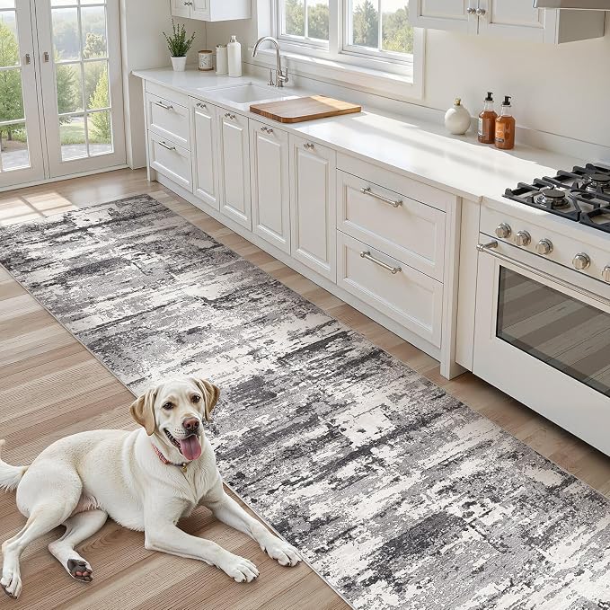 Hallway Washable Runner Rug: 3x12 Abstract Modern Soft Stain Resistant Non-Slip Backing Runner for for Entryway Kitchen Laundry - Black Grey