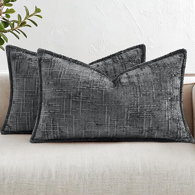 decorUhome Chenille Throw Pillow Covers 12x20 Set of 2, Soft Textured Slubby Modern Decorative Pillow Covers with Elegant Design for Couch, Sofa, Living Room, Dark Grey