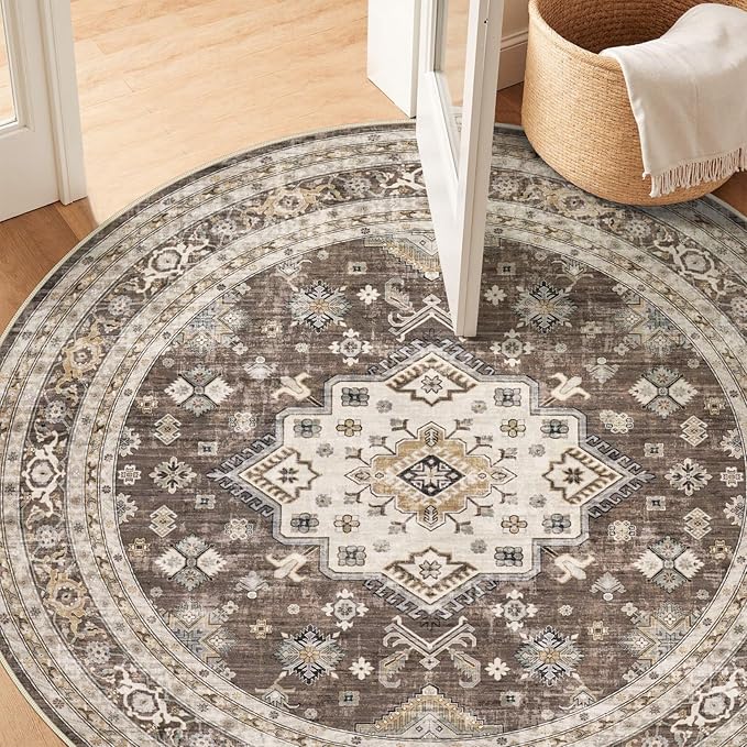 6ft Round Vintage Living Room Area Rug - 6x6 Large Soft Washable Oriental Traditional Distressed Farmhouse Rugs for Bedroom - Indoor Floor Accent Carpet for Home Office House Decor - Dark Brown