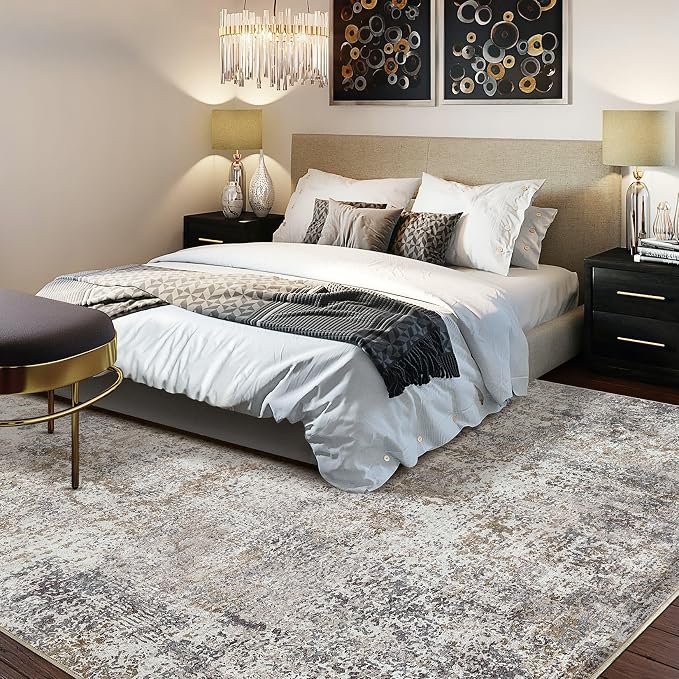 DMOYEST Area Rug Living Room Rugs - 6x9 Washable Large Soft Indoor Neutral Modern Abstract Low Pile Rug Carpet for Bedroom Dining Room Farmhouse Home Office - Brown/Grey/Black