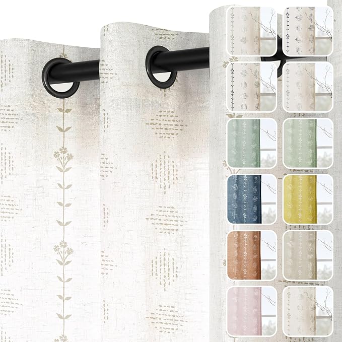 Coastal Striped Curtains for Living Room, Sand Tan Beachy Farmhouse Linen Sheer Drapes for Living Room Bedroom 96 Inch Long 2 Panel Set
