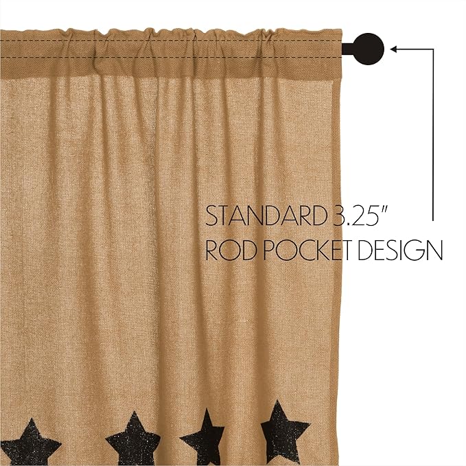 VHC Brands Burlap Natural with Black Stars Primitive 24"x36" Tier Pair Tan Rod Pocket Stenciled Cotton Kitchen Window Curtains