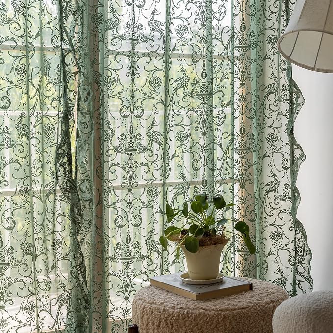TUDECO Green Sheer Curtains 108 Inch Long for Living Room - Shabby Chic Lace Floral Ruffled Curtains Elegant Knitted Privacy Rod Pocket Emerald Green Spring/Summer Decor1 Pair, 59 x 108 Inch
