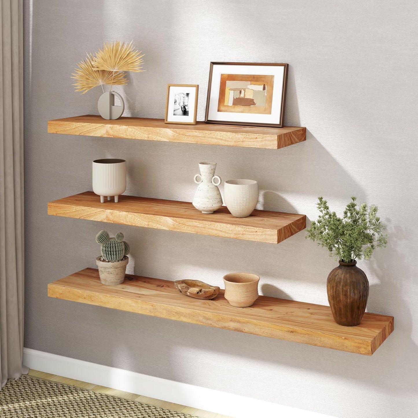 RICHFOCUS Elm Floating Shelves for Wall - 36" W x 9.3" D Rustic Solid Wood Shelves with Invisible Bracket, Wall-Mounted for Living Room, Bedroom, Kitchen Storage & Display, Set of 2, Natural