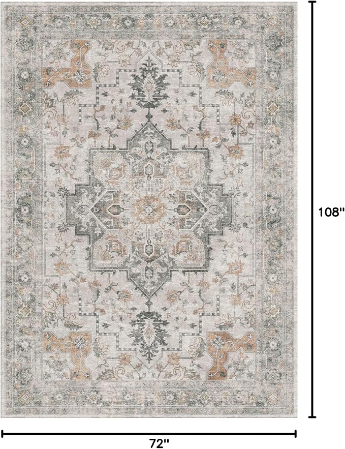 GENIMO 6x9 Area Rugs for Living Room, Machine Washable Low Pile Rugs, Non Alip Vintage Rug for Bedroom, Dining Room, Home Office, Light Taupe Brown