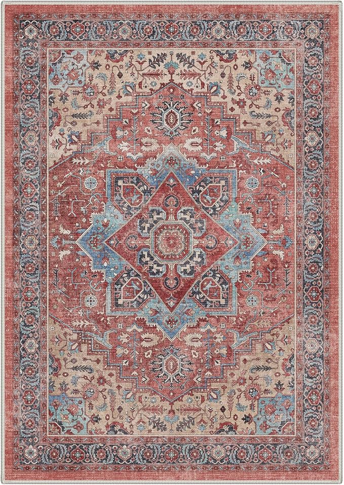 GENIMO Area Rug 2x3 Doormat, Machine Washable Low Pile Rugs, Floral Medallion Small Entryway Mat for Entrance, Hallway, Kitchen and Corridor, Dusty Red