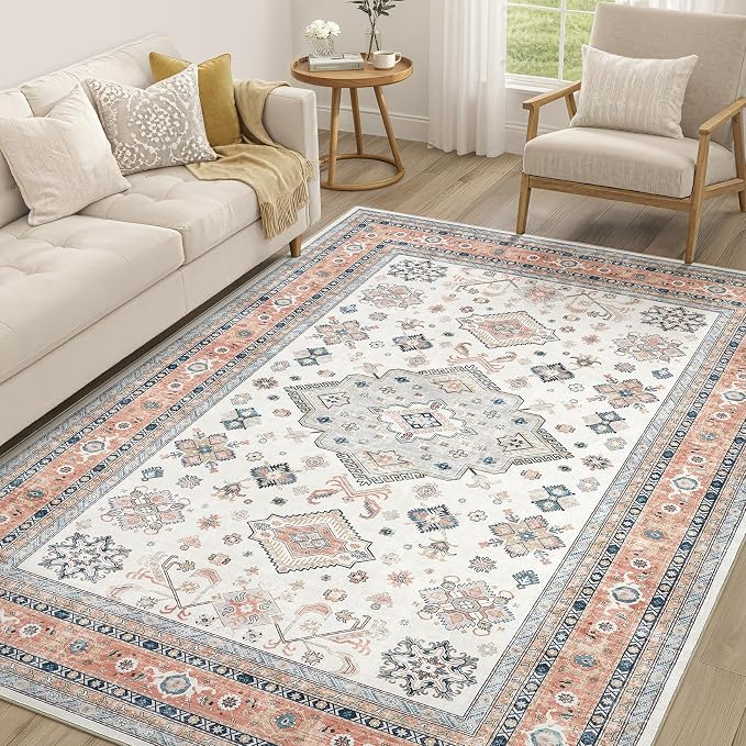 Vintage Living Room Area Rug 5x7 - Large Soft Washable Oriental Traditional Distressed Farmhouse Rugs for Bedroom - Indoor Floor Accent Carpet for Home Office House Decor - Powder Blue