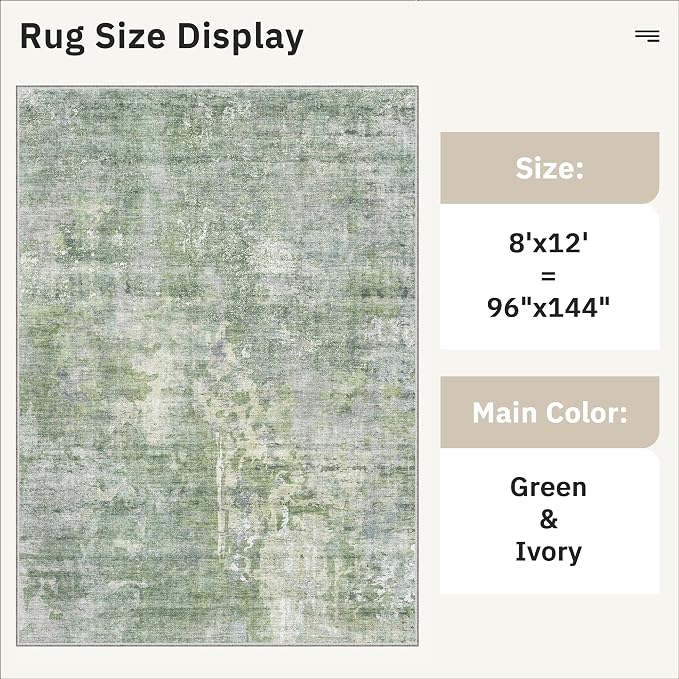 Soalmost Washable Area Rug 8x12, Large Soft Rugs for Living Room Vintage Green/Ivory Carpet 8x12 Area Rugs for Bedroom Dining Room Non-Slip Stain Resistant Under Table Rug