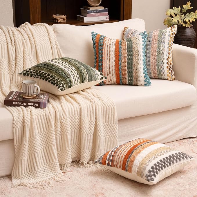 Boho Chenille Tufted Throw Pillow Covers 18x18 Inch Set of 2 Farmhouse Rust Teal Woven Striped Decorative Pillowcases for Couch Sofa Bed