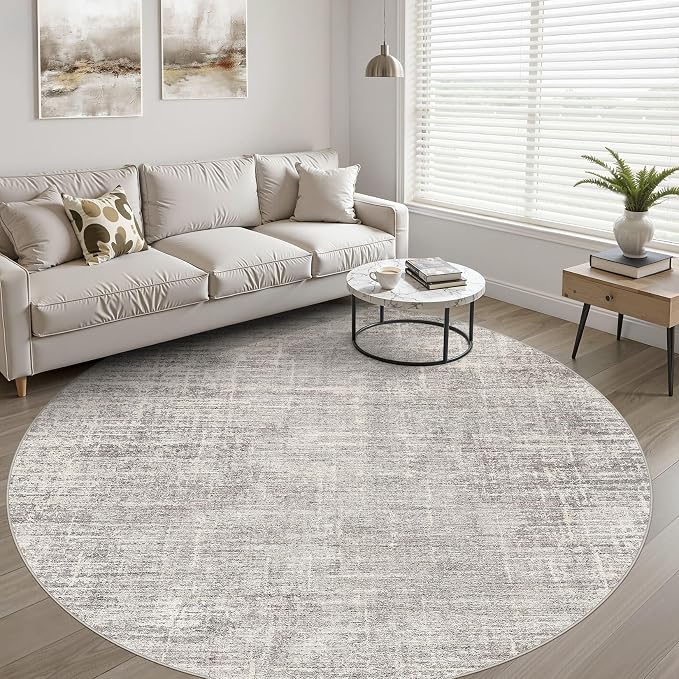 8ft Round Rug Living Room: 8x8 Washable Large Neutral Circle Area Rug Abstract Soft Modern Stain Resistant Indoor Floor Non-Slip Carpet for Bedroom Nursery Kids Office Playroom Dining Room- Brown Gray