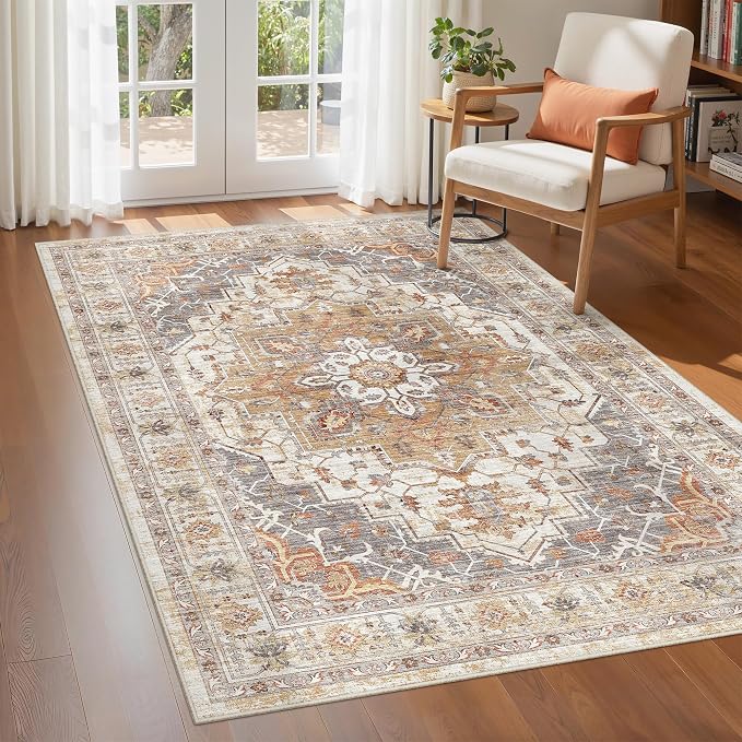 befbee 4x6 Rugs for Living Room Bedroom,Non-Slip Washable Rug,Stain Resistant Lightweight Area Rugs for Dining Room,Ultra-Thin Indoor Floor Carpet (Turmeric/Grey, 4'x6')