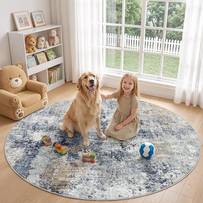 WITSHOCK Area Rugs 6ft Round Living Room Rug - Washable Neutral Soft Low Pile Non-Slip Modern Abstract Thin Large Indoor Carpet for Bedroom Dining Room Nursery Office - Dark Blue Brown
