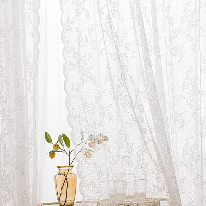 Sutuo Home White Lace Curtains 63 Inches Length 2 Panels Set, Sheer Rose Florals Vintage Country Window Panel Treatment for Bedroom/Living Room/Kitchen, Decor Rod Pocket W57 x L63