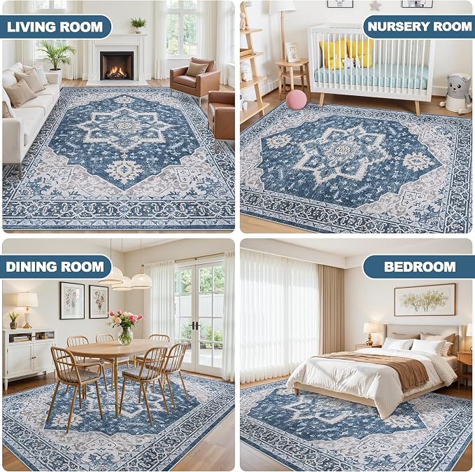 9x12 Area Rugs for Living Room:Blue Washable Vintage Medallion Boho Rug Non-Slip No Slip Stain Resistant Soft Low Pile Large Rugs Indoor Retro Carpet for Bedroom Nursery Dining Office (Blue 9'x12')