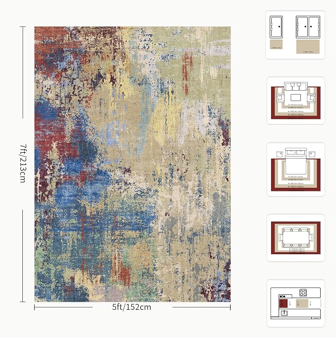 5x7 Area Rugs - Modern Abstract Washable Rug, Ultra Soft Non Slip Low Pile Large Rugs for Living Room, Floor Carpet for Bedroom Dining Room Office Laundry Nursery Home(Multi-Colorful)