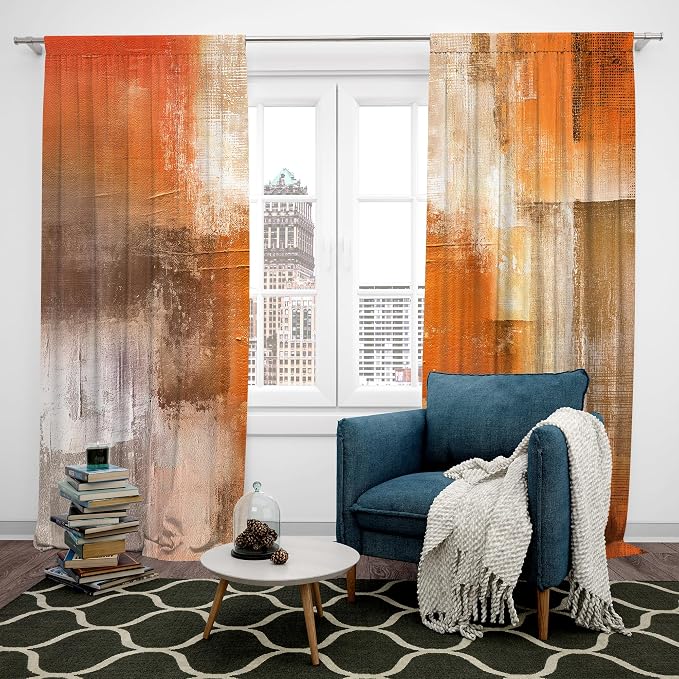 MESHELLY Abstract Burnt Orange Curtains 52W x 63H Inch Rod Pocket Rustic Rust Brown Art Painting Modern Contemporary Watercolor Cool Grey Oil Print Living Room Bedroom Window Drapes Fabric 2 Panel