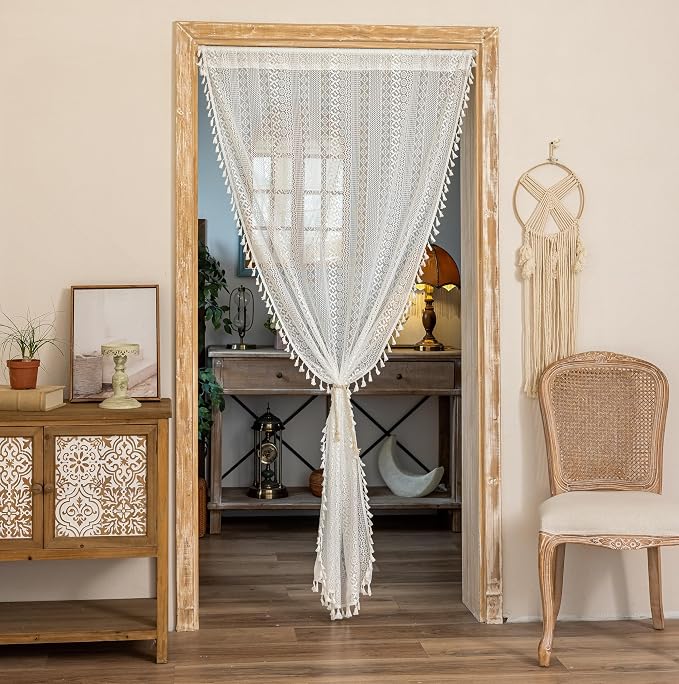 Sutuo Home White Boho Lace Sheer Door Curtain for Doorway, Bohemian Doorway Curtain for Front Door Hallway Crochet Vintage Chic Tassels Privacy Temporary Room Divider Rod Pocket,1 Panel 37" x 80"