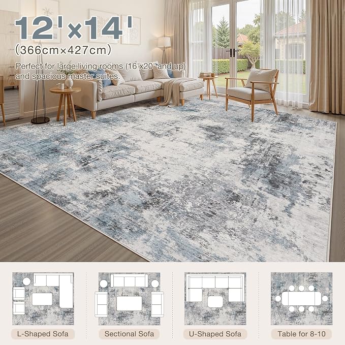 Abstract 12x14 Area Rug: Machine Washable Non Slip Ultra Thin Low-Pile Carpet, Soft Stain Resistant for Living Room Bedroom Office, Kid Pet Friendly, Robot Vacuum Compatible - Grey Blue