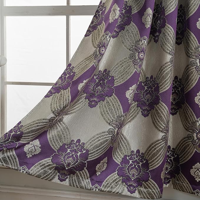 Petrichor Elegant Curtains with Gold Silver Threads 2 Panels Set - Luxury Window Treatment Attached Valance, Sheer Backing, and 2 Tie Backs for Bedroom and Living Room, 54x63 inches, Purple