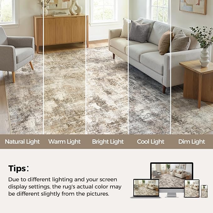 WITSHOCK Area Rugs 6ft Round Living Room Rug - Washable Neutral Soft Low Pile Non-Slip Modern Abstract Thin Large Indoor Carpet for Bedroom Dining Room Nursery Office - Dark Brown